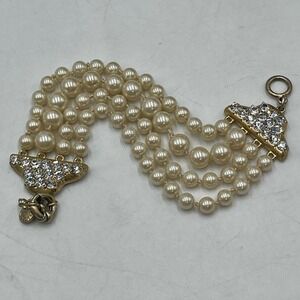 J. Crew‎ Multi-Strand White Faux Pearl Spring Ring Rhinestones Bracelet Sz Small